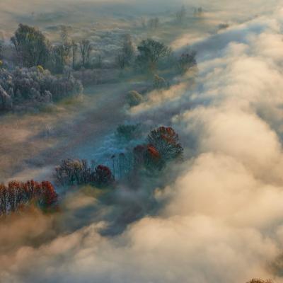 The Adda River shrouded in fog.